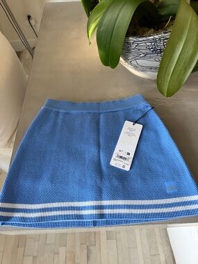 ALO Yoga Blue Knit Mini Skirt with White Stripe Hem